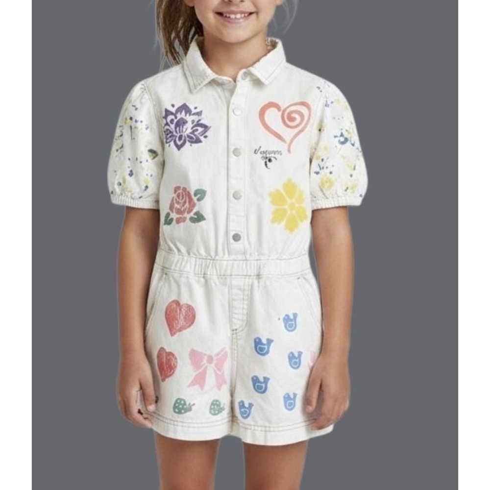 HAND PAINTED Ivory Cotton Romper Shorts Graffiti Art-To-Wear SHORTALLS Girls 8